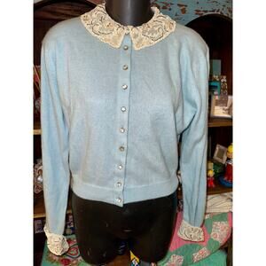 VINTAGE LACE PEARL BEADED COLLAR RHINESTONE BUTTON CASHMERE CARDIGAN SWEATER